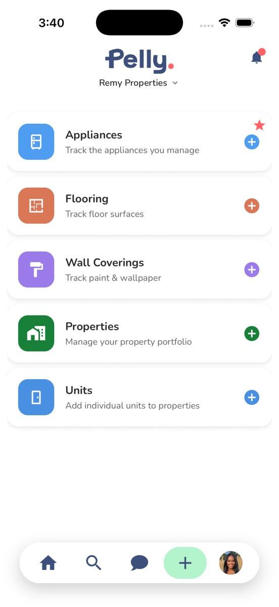 Pelly app: add menu for appliances, flooring, wall coverings, properties, and units