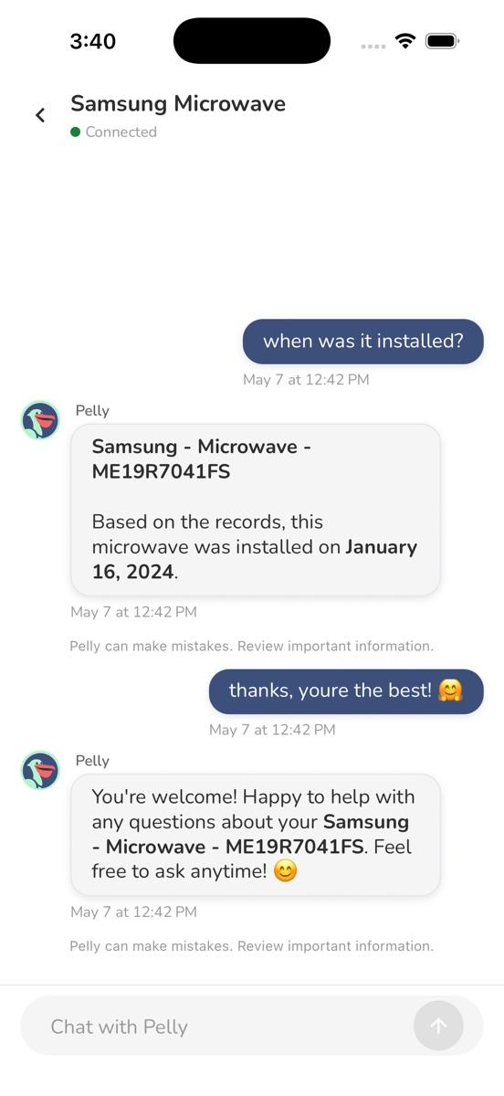 Pelly AI chat: asked when a Samsung microwave was installed, Pelly answers January 16, 2024