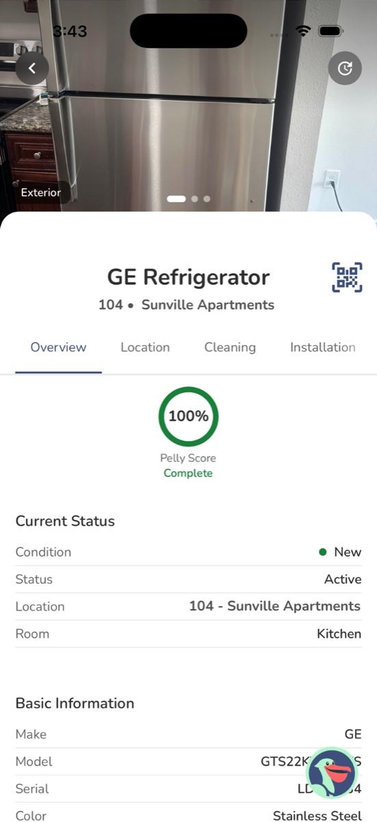 Pelly app: GE refrigerator asset record with a 100% complete Pelly Score, condition, room, make, and model